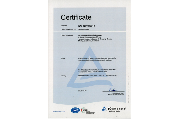 {"en": "ISO 45001:2018 - Occupational Health & Safety Management System (October 2023)", "id": "ISO 45001:2018 - Occupational Health & Safety Management System (October 2023)"}